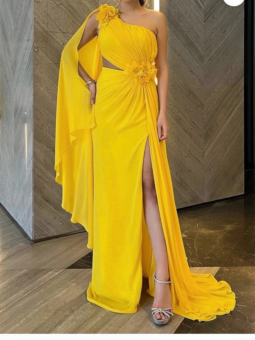 One Shoulder Maxi Dress in Yellow in Good Condition